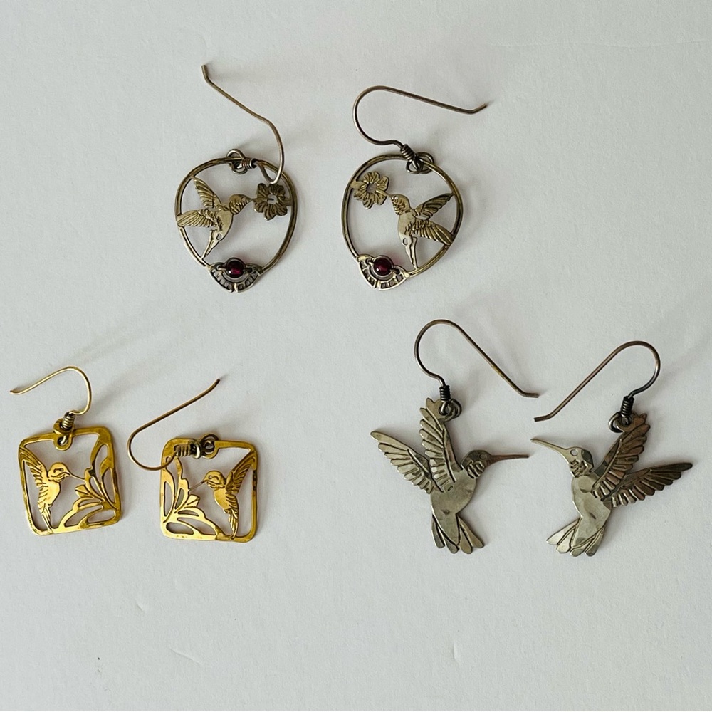 3 Pair Wild Bryde Hummingbird Earrings Dangle Cutout Signed Vintage